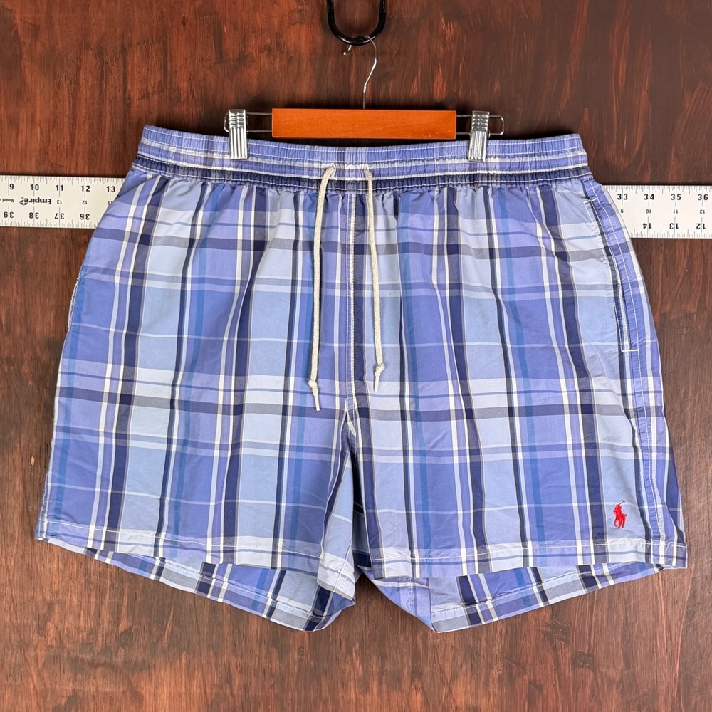 Polo Ralph Lauren Blue Plaid Swim Trunks XXL Mesh Liner 4in Inseam Pony Logo Men
